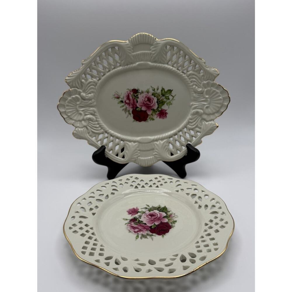 Vintage Formalities By Baum Bros Set Of 2 Decorative Plates With Roses Lattice